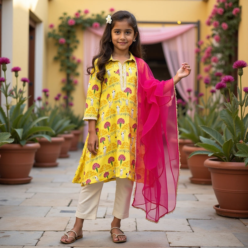 Girl wearing Anaario Marigold Meadow Anarkali Set, marigold yellow floral and bird print kurta with hot pink dupatta