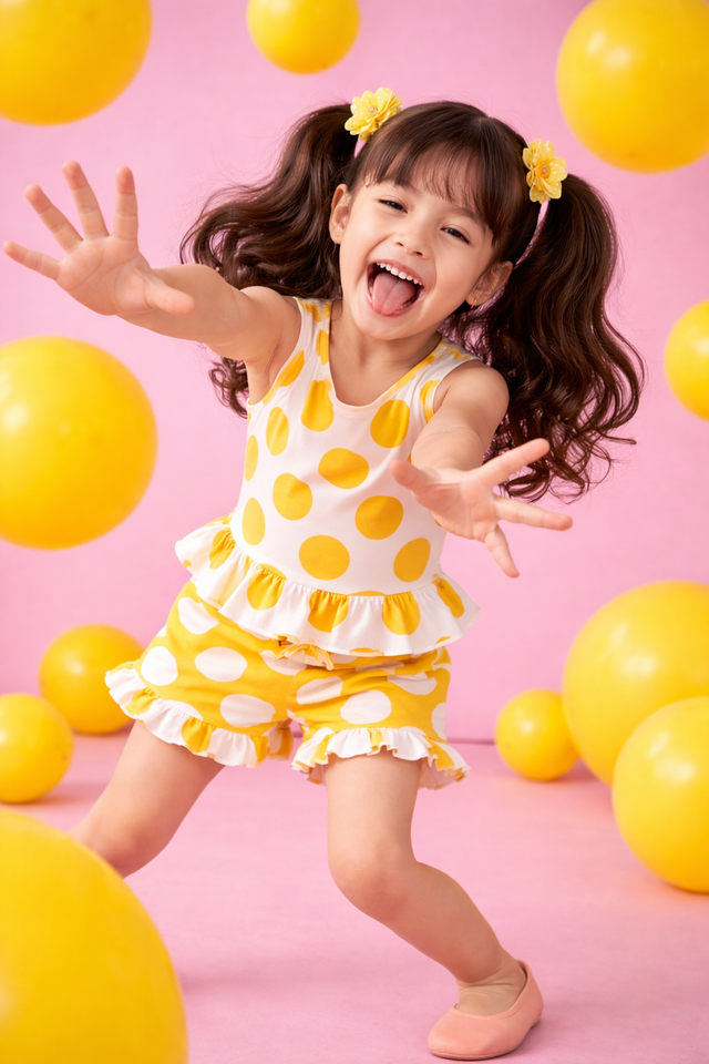 Girl wearing Anaario Marigold Polka Shorts Set