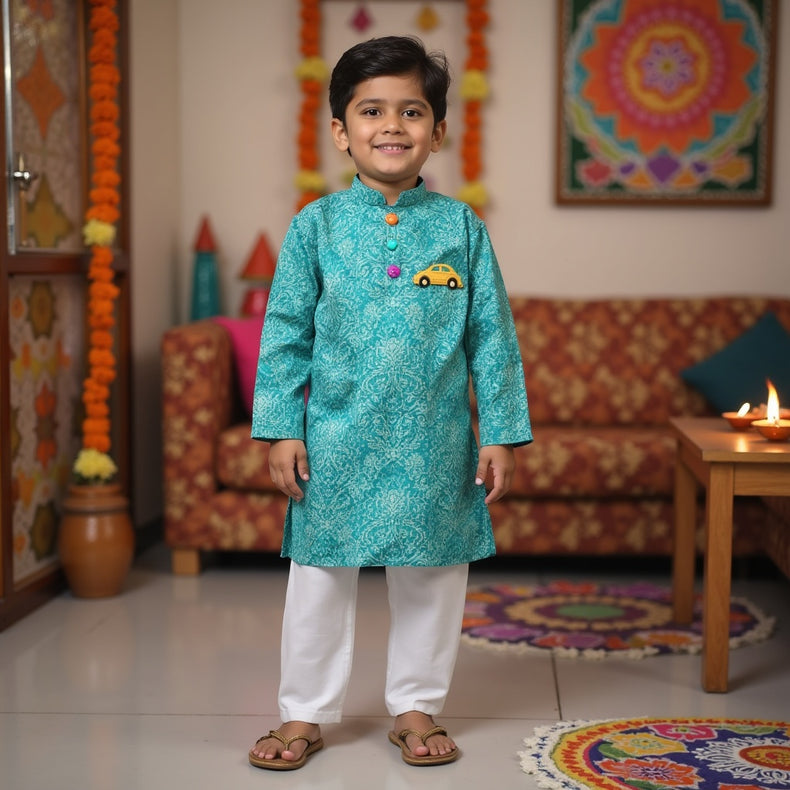 Boy wearing Anaario Turquoise Toy-Pocket Kurta Set, turquoise damask print kurta with car toy-pocket applique