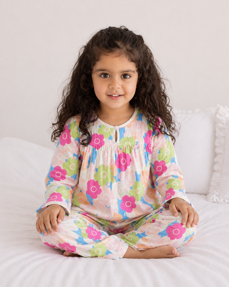 Girl wearing Anaario Trio Toned Florals Night Suit