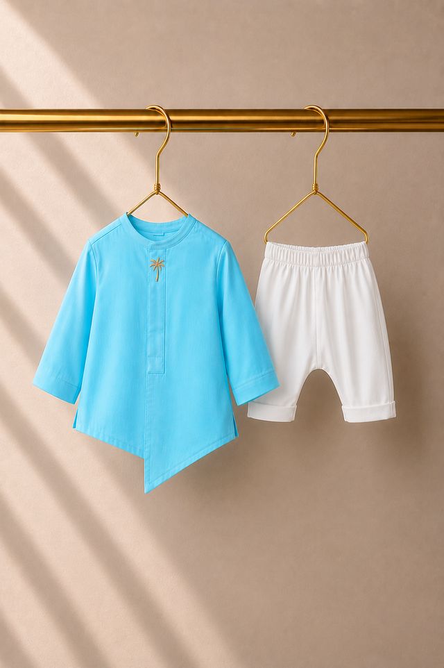 Baby wearing Anaario Turquoise Palm-Motif Baby Kurta Set, turquoise kurta with palm-tree embroidered jacket, newborn to 24 months