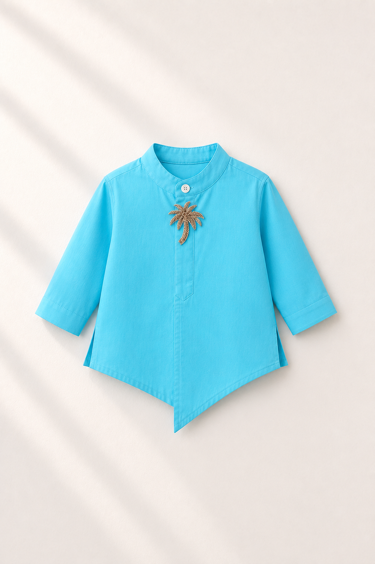 Baby wearing Anaario Turquoise Palm-Motif Baby Kurta Set, turquoise kurta with palm-tree embroidered jacket, newborn to 24 months