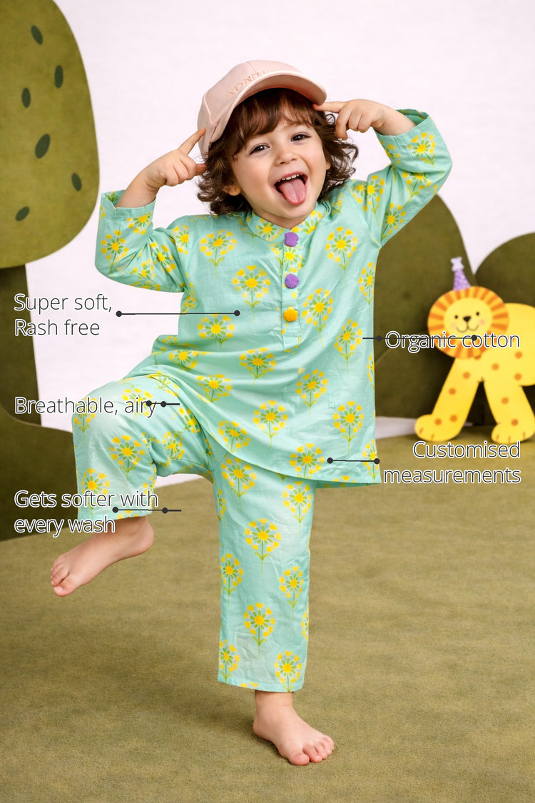 Green Yellow Girls' Cotton Co-ord Set features