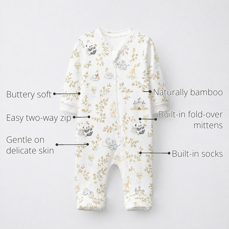 Panda Leaves Bamboo Baby Sleepsuit – Zip Romper Onesie features