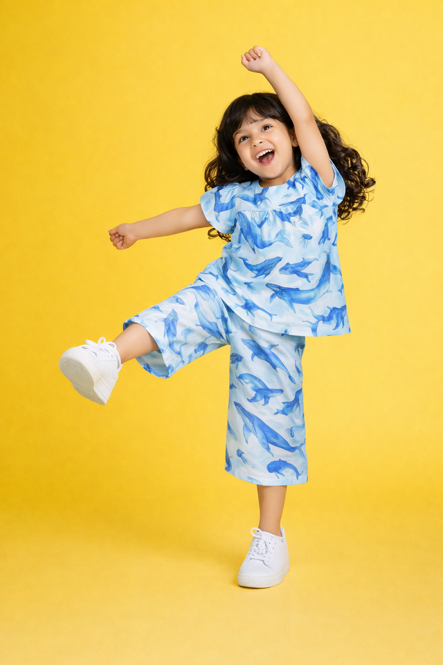 Girl wearing Anaario Whales and Jellyfish Co-ord Set