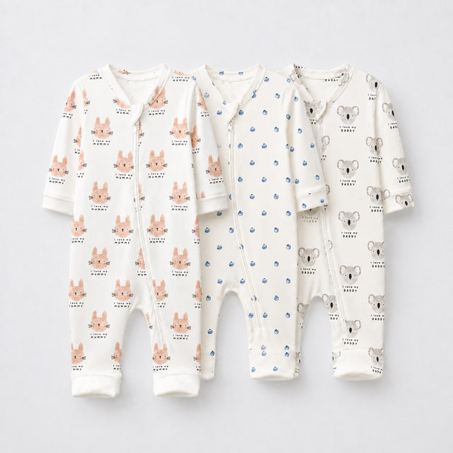 Woodland Bunny bamboo baby sleepsuit combo — coordinating full-sleeve two-way zip romper onesies
