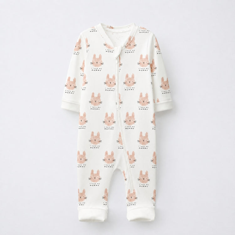 Woodland Bunny bamboo cotton baby sleepsuit — two-way zip romper onesie