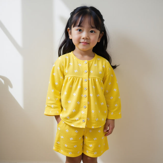Girl wearing Anaario Yellow Alphabet Night Suit