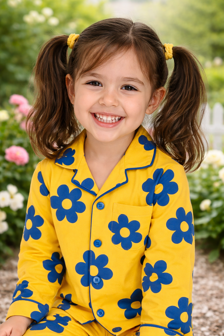 Girl wearing Anaario Yellow Blue Flower Night Wear