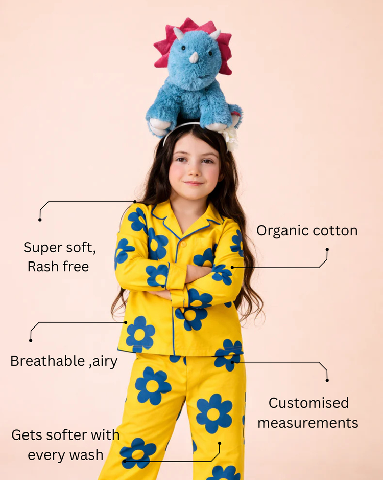 Girl wearing Anaario Yellow Blue Flower Night Wear