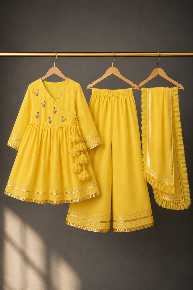 Girl wearing Anaario Yellow Duck Angrakha Set