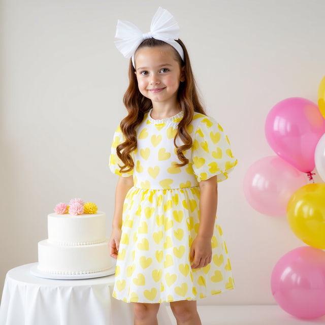 Girl wearing Anaario yellow organza party dress with hearts motif