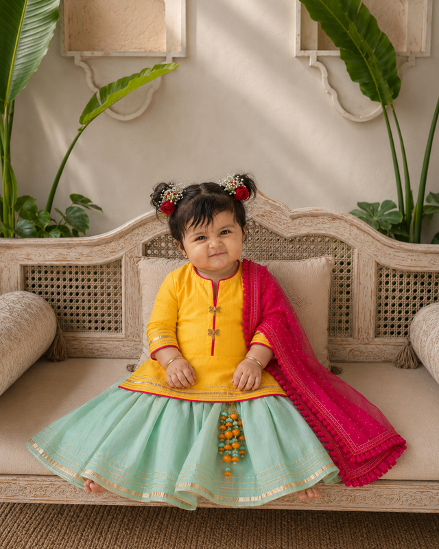 Girl wearing Anaario Yellow Mint Lehenga Set, second pose