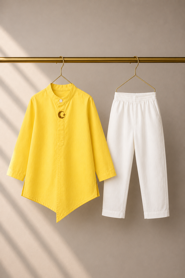 Yellow moon and star asymmetrical kurta by Anaario - boy pose 2