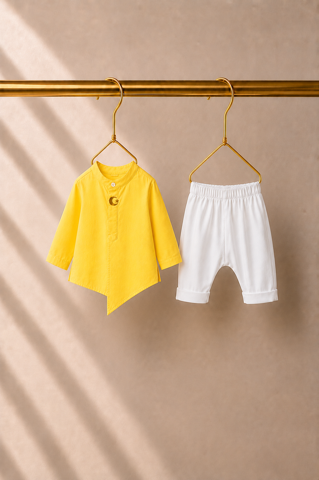 Baby wearing Anaario Yellow Moon-Star Baby Kurta Set, yellow kurta with moon-and-star embroidered jacket, newborn to 24 months