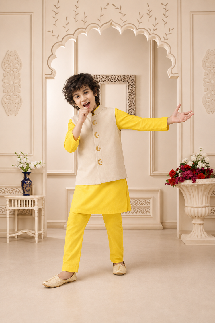 Yellow moon and star waistcoat set with cream waistcoat by Anaario