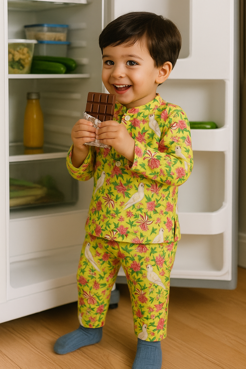 Girl wearing Anaario Yellow Parrot Cotton Co-ord Set