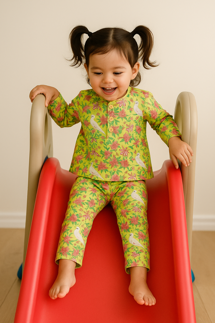 Girl wearing Anaario Yellow Parrot Cotton Co-ord Set