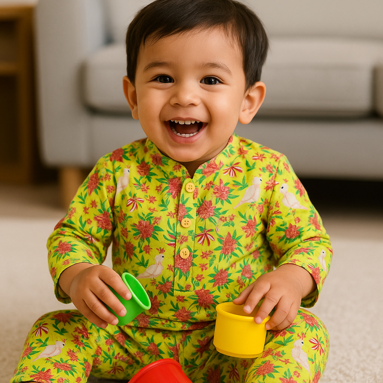 Girl wearing Anaario Yellow Parrot Cotton Co-ord Set
