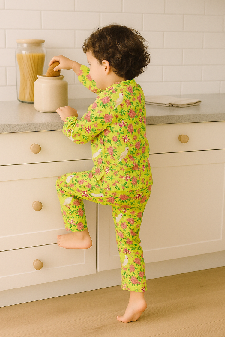 Girl wearing Anaario Yellow Parrot Cotton Co-ord Set