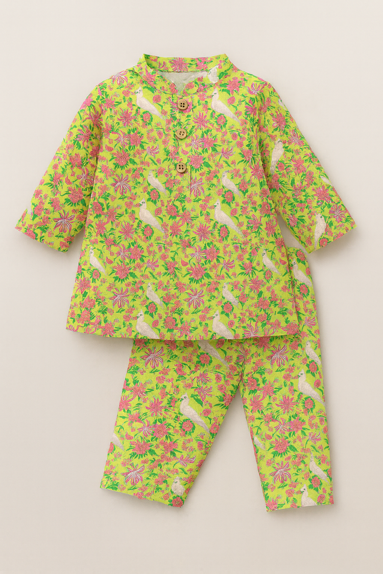 Girl wearing Anaario Yellow Parrot Cotton Co-ord Set