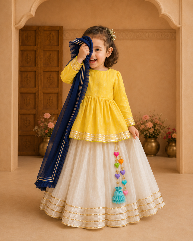 Indian Yellow Peplum Lehenga Set - Anaario - Image 1