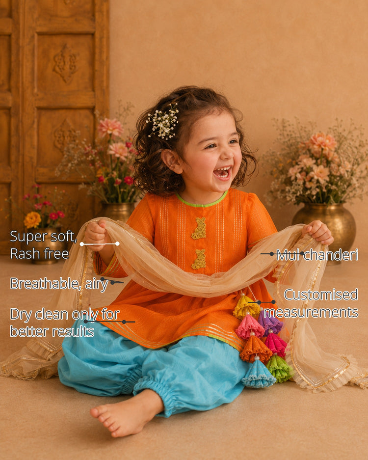 Orange Bunny Girls' Patiala Salwar Set features