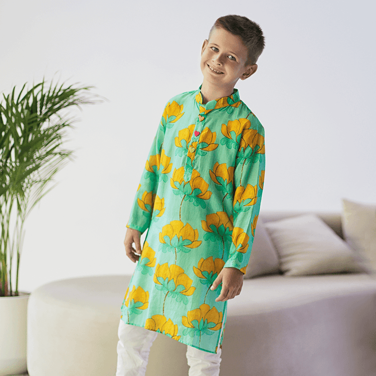 Imperial Kurta and Pajama Set - Turquoise and mustard lotus