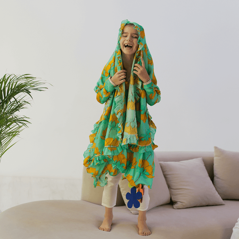 Raat Ki Rani Collared Anarkali - Turquoise and mustard lotus
