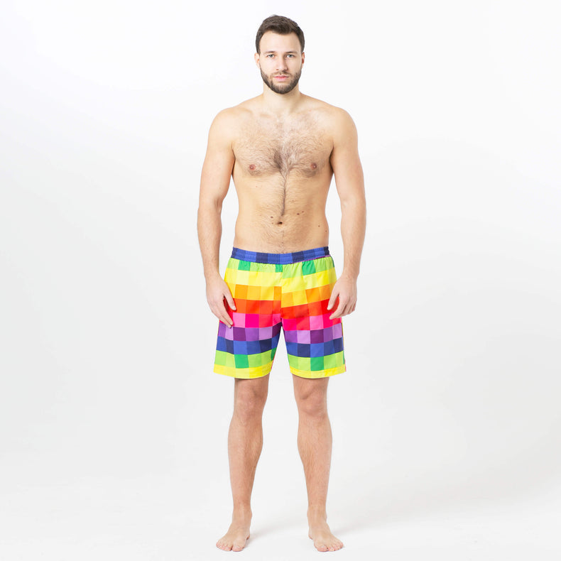 Multicolored Pixels, Psychedelic Fish Reversible Flipout Shorts