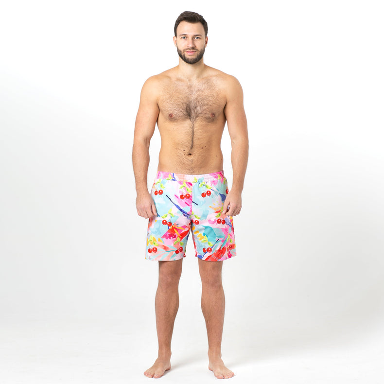 Multicolored Splashes and Cherries, Red Stripes Reversible Flipout Shorts