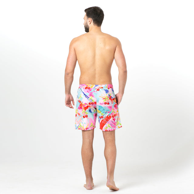 Multicolored Splashes and Cherries, Red Stripes Reversible Flipout Shorts