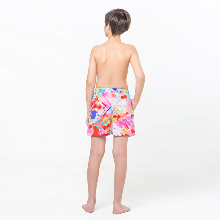 Multicolored Splashes and Cherries, Red Stripes Reversible Flipout Shorts
