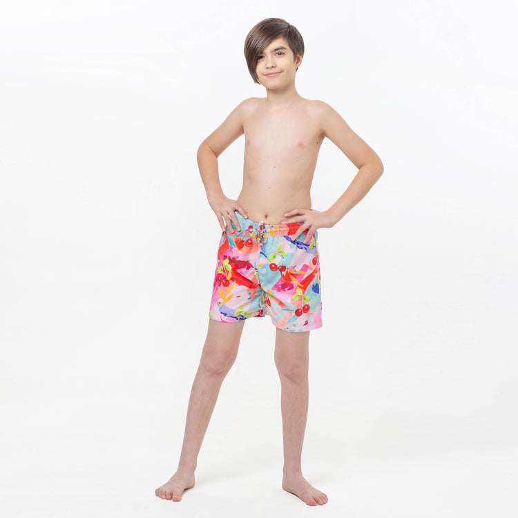 Multicolored Splashes and Cherries, Red Stripes Reversible Flipout Shorts