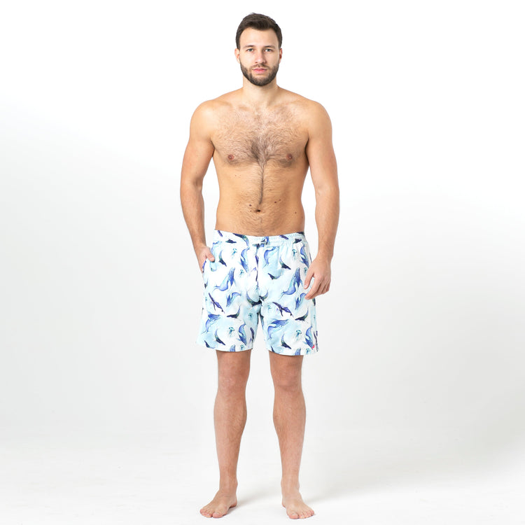 Navy and White Stripes, Serene Whales Reversible Flipout Shorts
