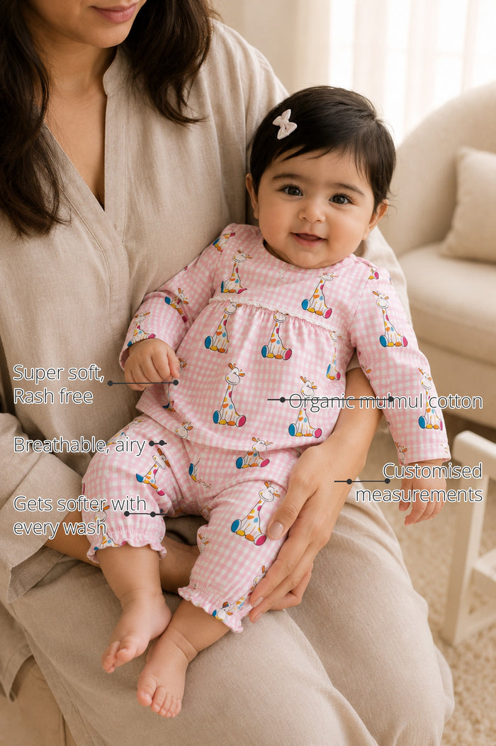 Pink Gingham Giraffe Baby Co-ord Set features