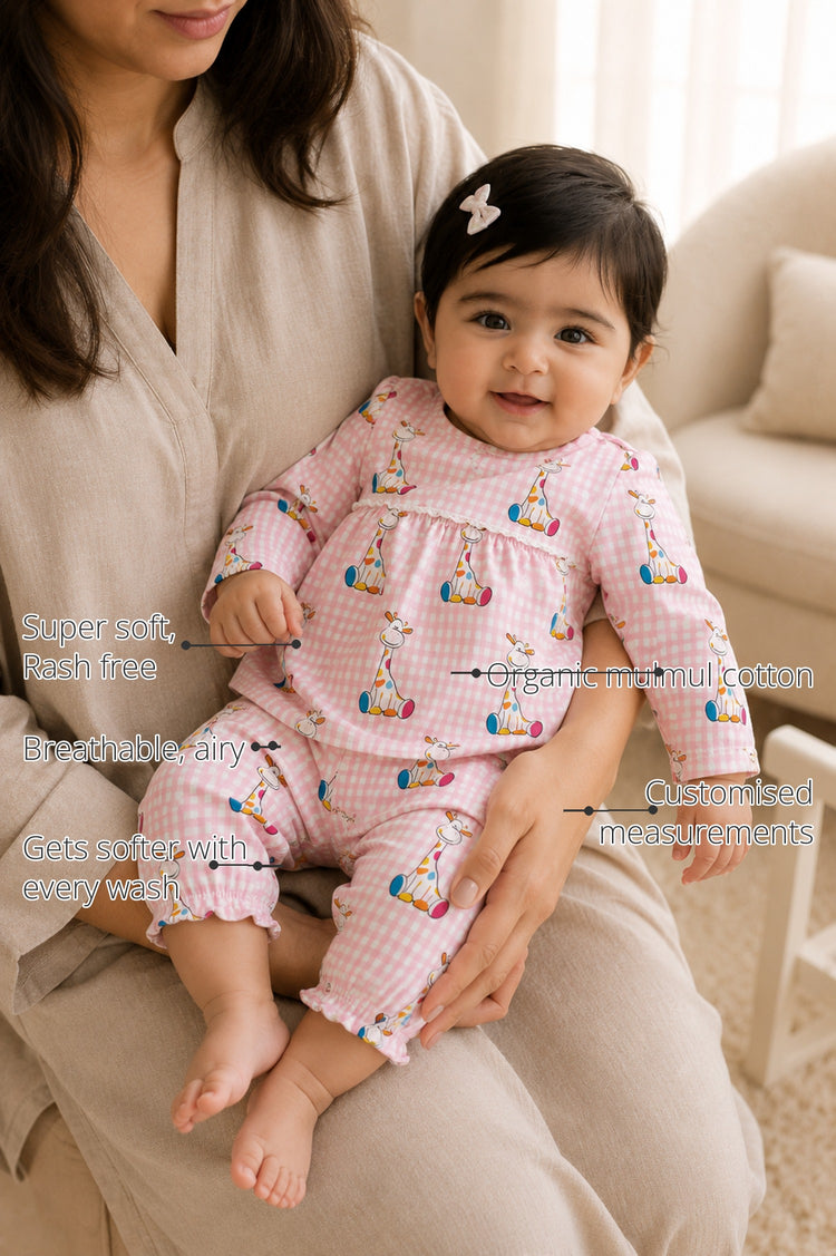 Pink Gingham Giraffe Baby Co-ord Set features