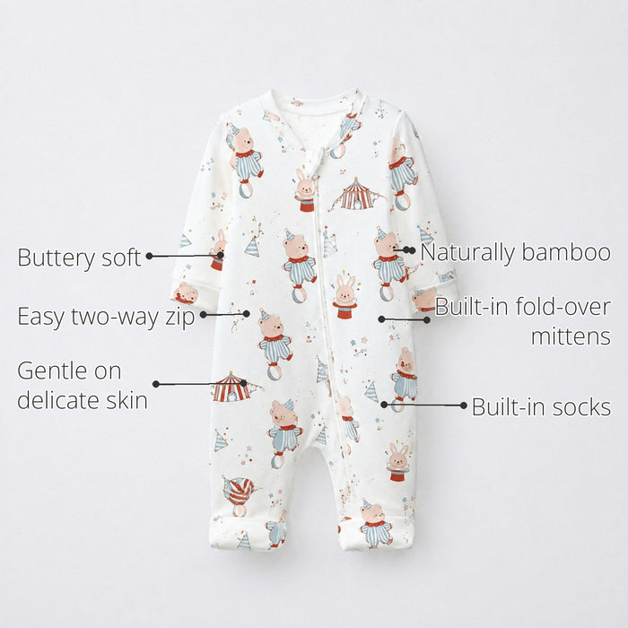 Teddy Carnival Bamboo Baby Sleepsuit – Zip Romper Onesie features
