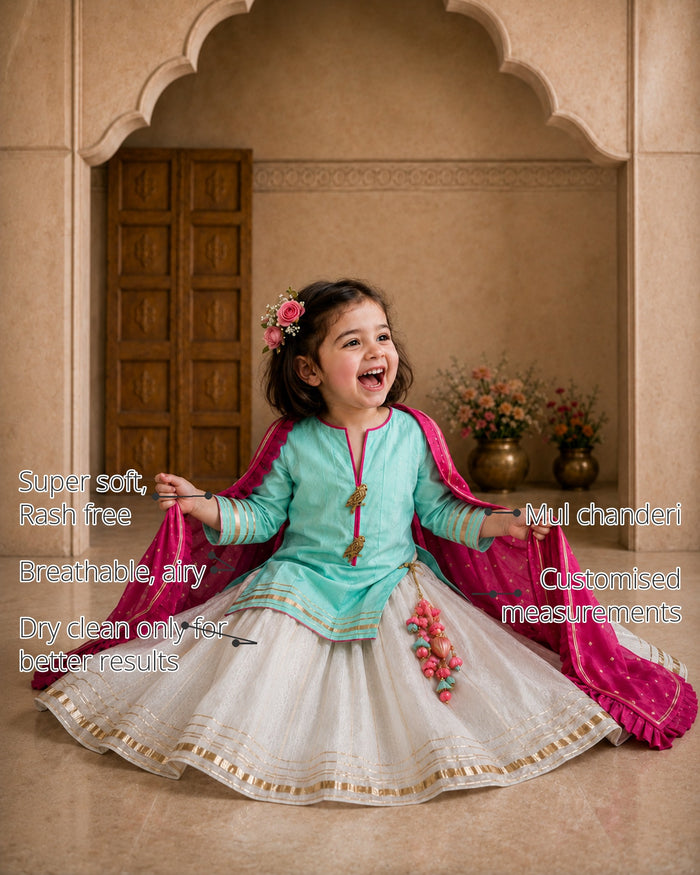 Mint Bird Girls' Lehenga Set features
