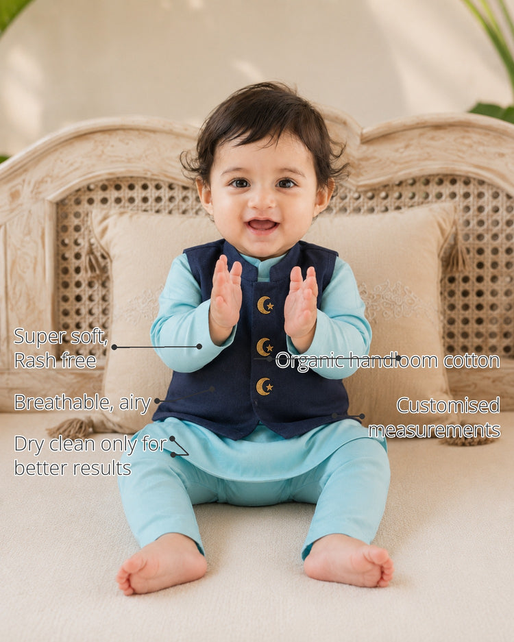 Sky Blue Moon-Star Motif Baby Waistcoat Kurta Set features