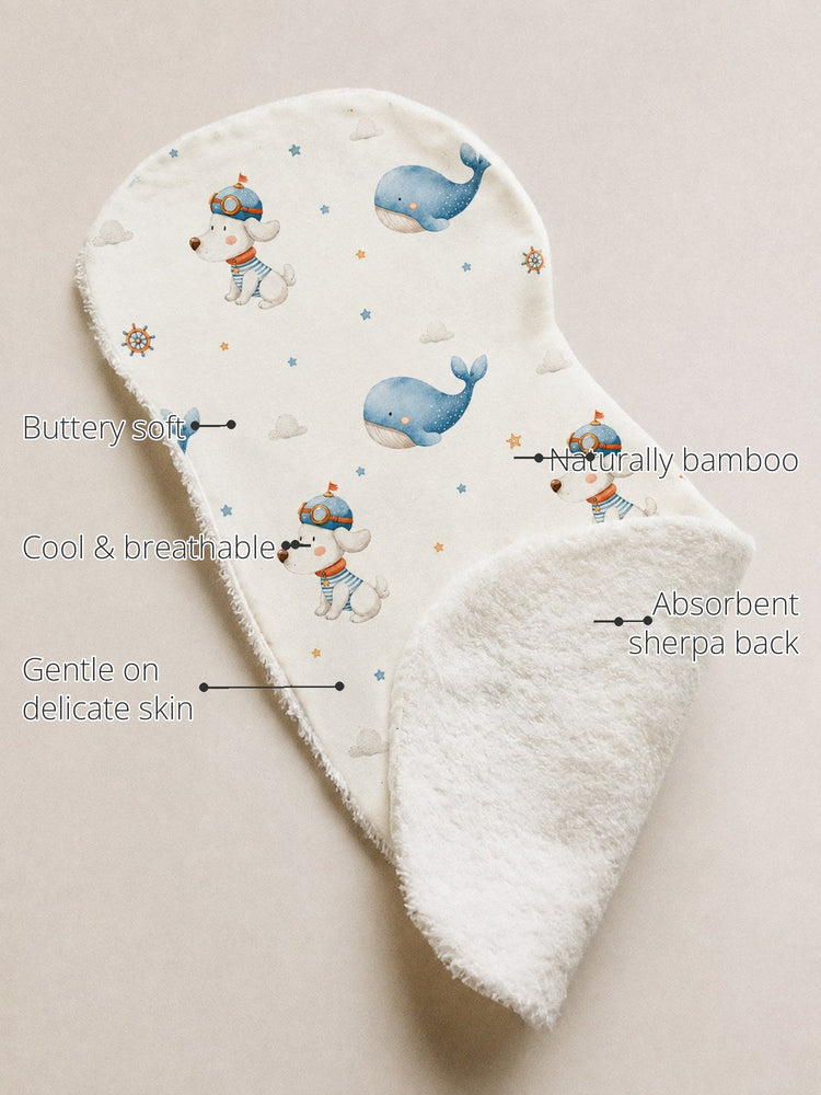 Puppy & Whale Bamboo Baby Burp Cloth features