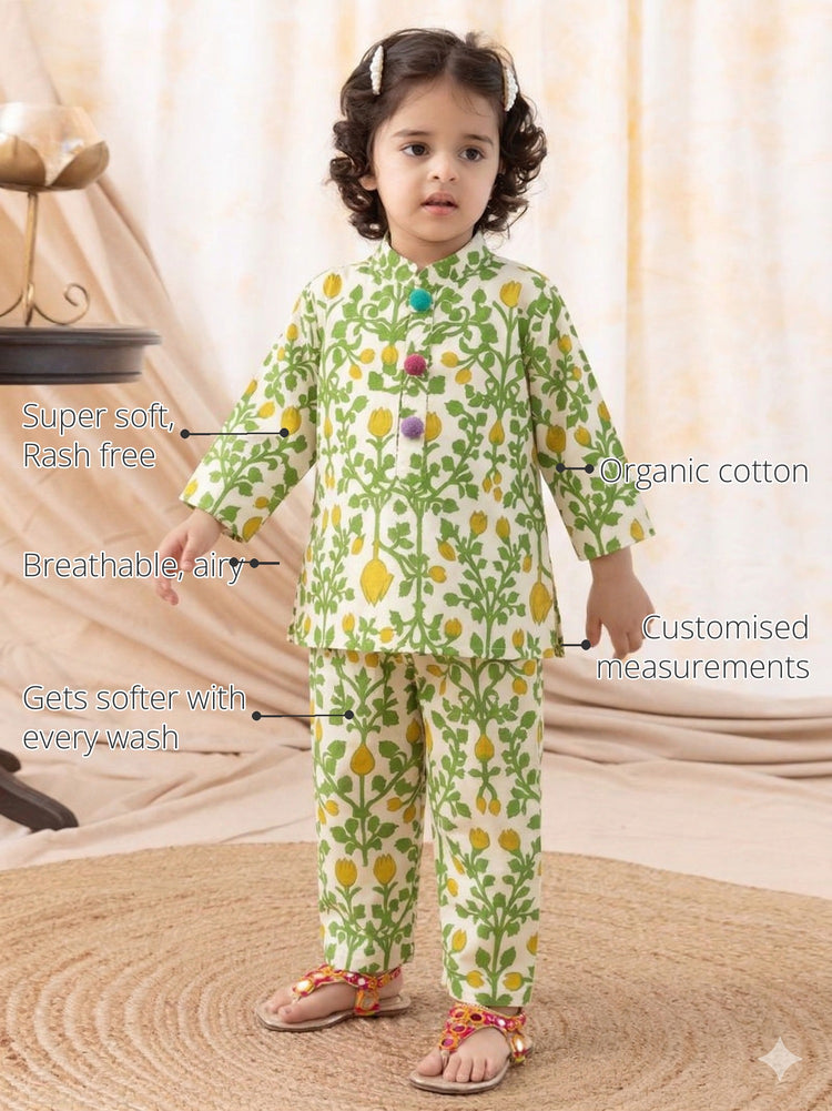 Yellow Green Girls' Cotton Co-ord Set features