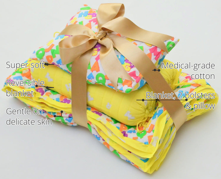 Snuggles and Cuddles Baby Blanket Gift Bundle (Multicoloured neon alphabets) features