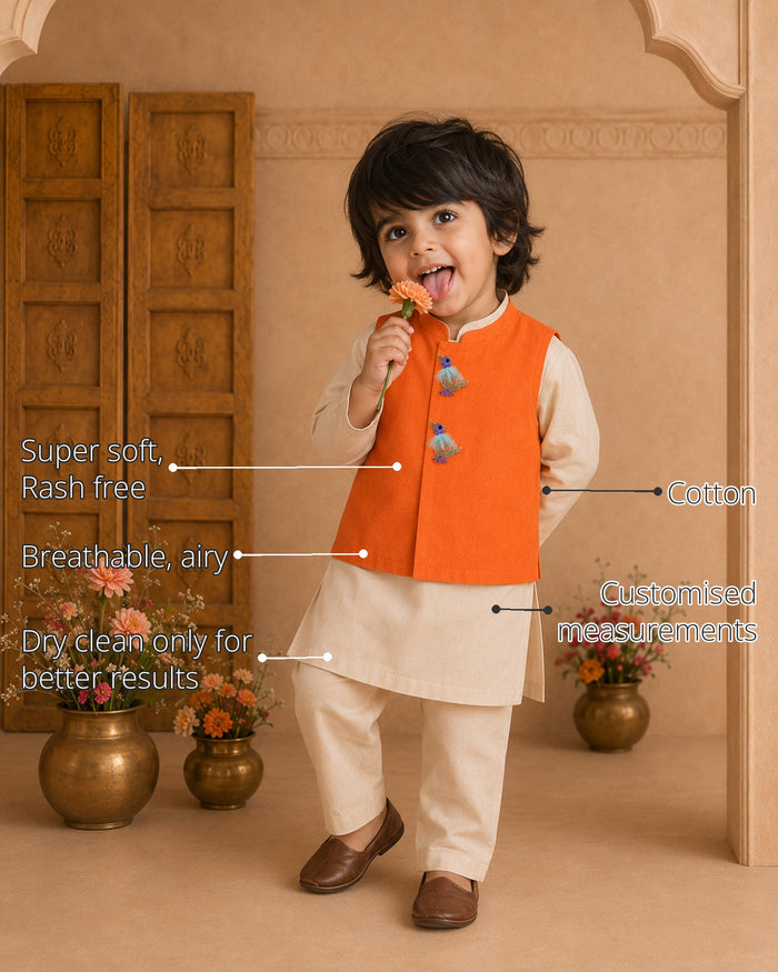Beige Bird-Motif Boys' Waistcoat Set (Orange Waistcoat) features