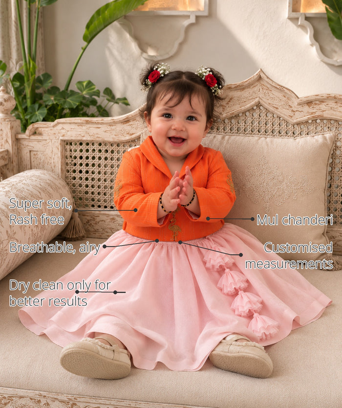 Orange Flamingo Baby Jacket-Lehenga Set features