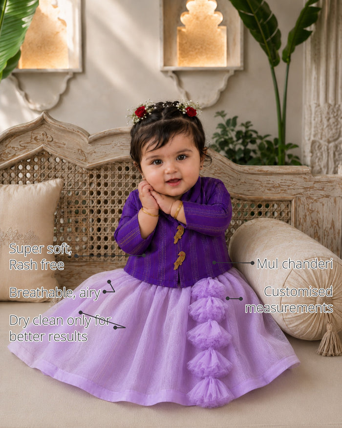 Purple Bird Baby Jacket-Lehenga Set features