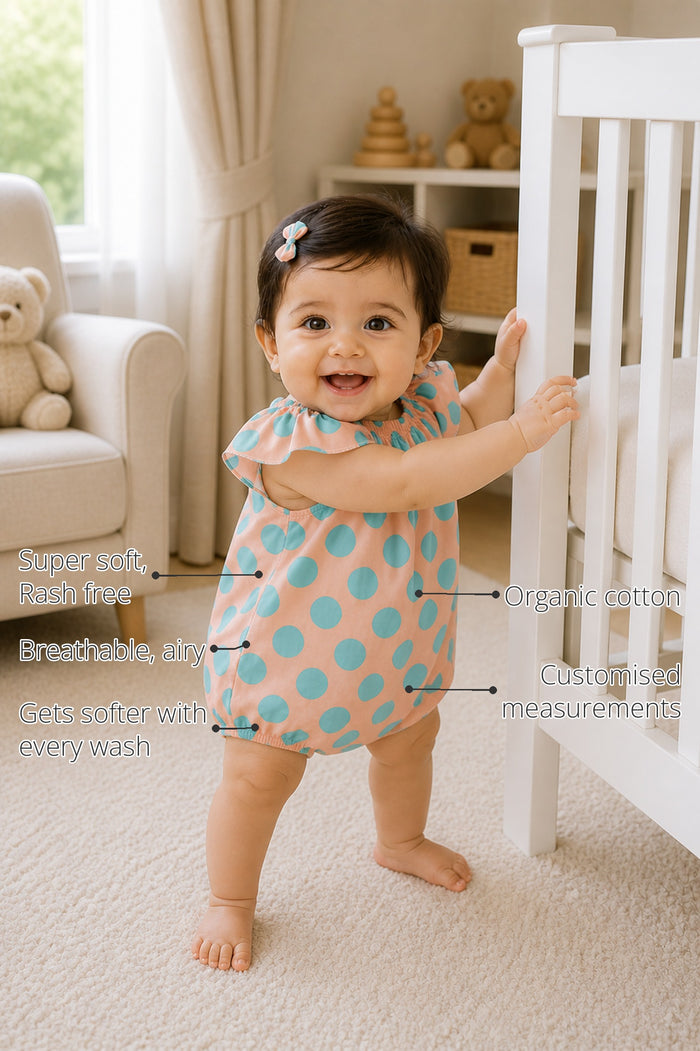 Peach Aqua Polka Dot Flutter Baby Romper features