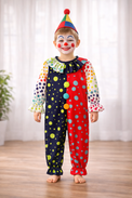 Boy wearing Anaario Big Top Harlequin Jumpsuit, navy and red polka-dot harlequin costume with ruffle collar and clown hat