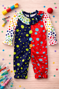 Anaario Big Top Harlequin Jumpsuit detail — navy and red polka-dot harlequin costume
