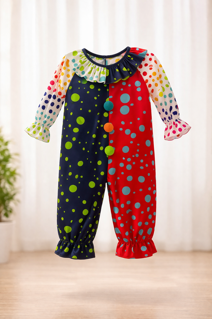 Anaario Big Top Harlequin Jumpsuit detail — ruffle collar and clown hat